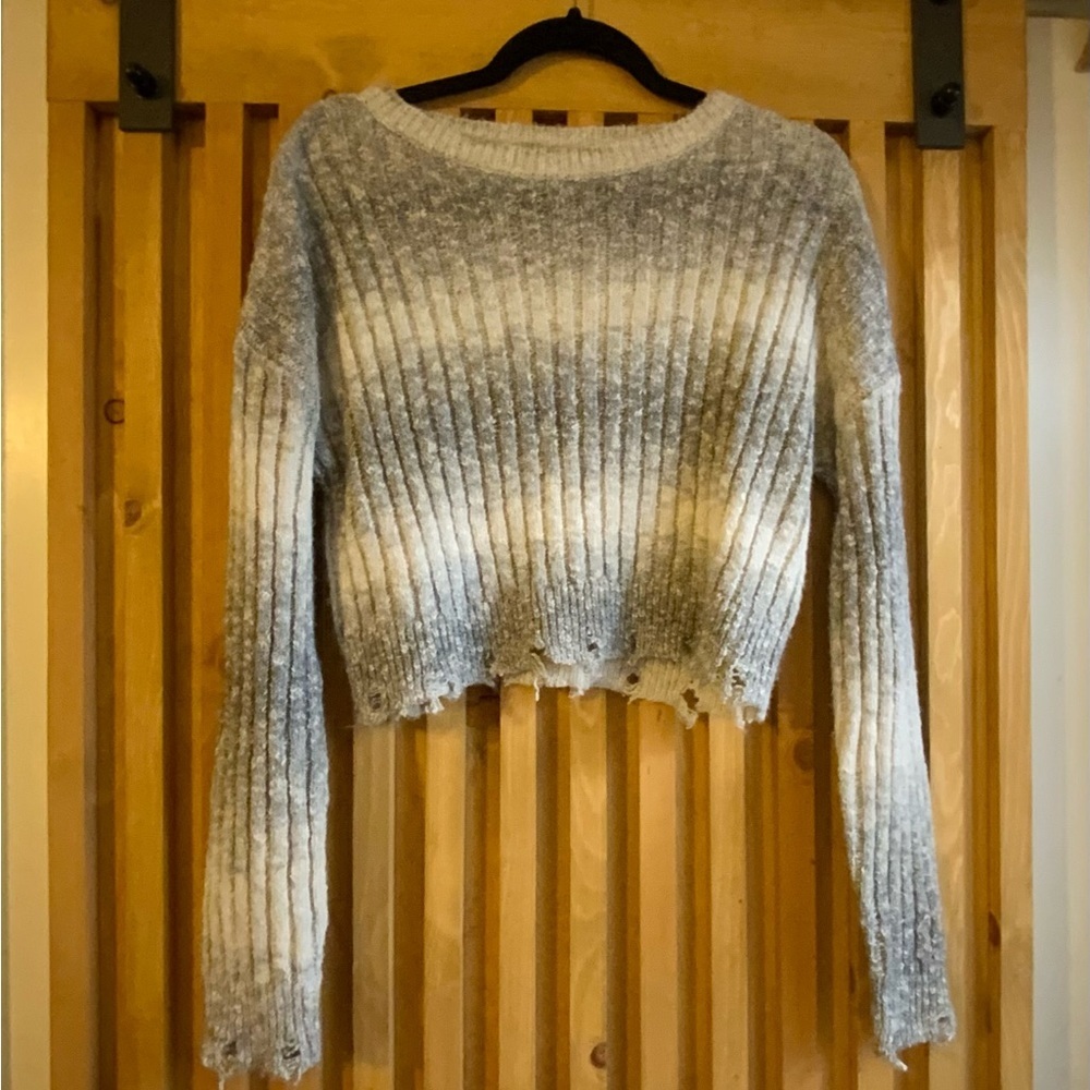 Distressed Gray and White Ribbed Sweater, Private Label